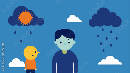 Emotional Weather A child standing under a weatherthemed sky with sun rain and storm clouds representing different emotional experiences and the adult standing below feeling the