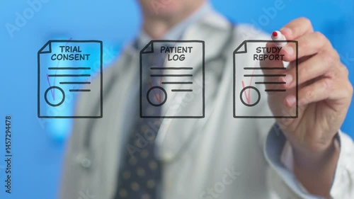 Healthcare practitioner in white coat selecting medical document icons including trial consent, patient log and study report on transparent digital display