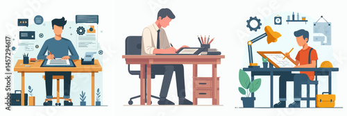 man is arranging documents at work desk style vector flat design