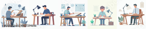 man is arranging documents at work desk style vector flat design