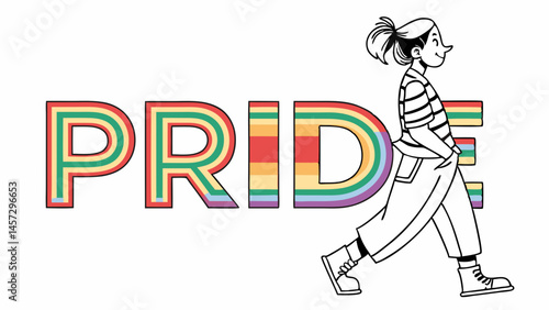 Happy person celebrating pride against colorful letters  