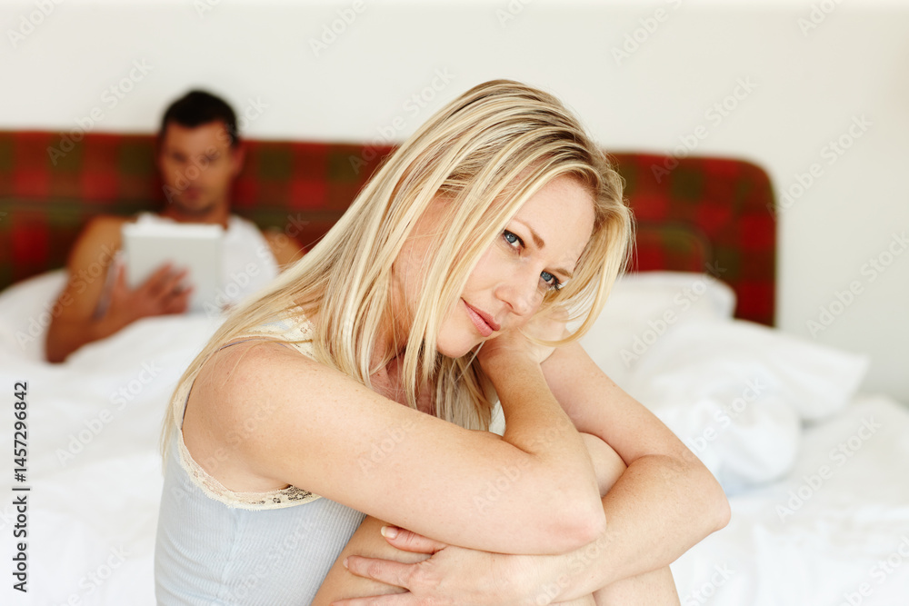 Obraz premium Couple, fight and woman on bed thinking of divorce, cheating or ignore husband in their home together. Marriage, doubt and girl person planning separation from toxic, liar or jealous man in a bedroom