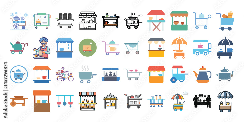 Fototapeta premium Tea Stall / Tea Cart PNG or Vector Icon Bundle – 40 Designs with Transparent Background