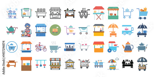 Tea Stall / Tea Cart PNG or Vector Icon Bundle – 40 Designs with Transparent Background