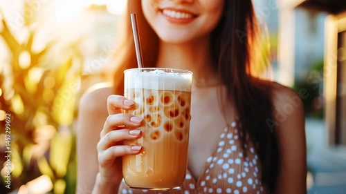 Woman enjoys refreshing bubble tea outdoors during a sunny afternoon in a stylish setting with vibrant greenery