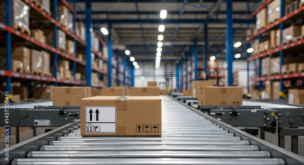 Automated Conveyor Belt System Moving Cardboard Boxes in a Brightly Lit Warehouse Facility for Distribution Automated Conveyor Belt System Moving Cardboard Boxes in a Brightly Lit Warehouse Facility for Distribution
