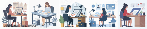 woman is compiling documents at work desk style vector flat design