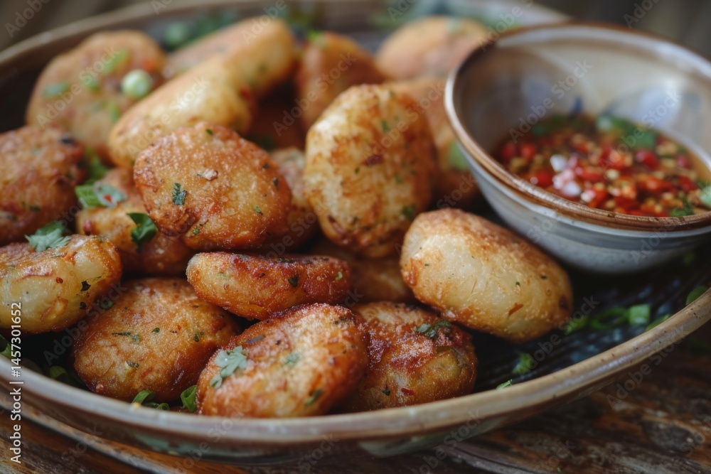 Akara: Fried bean cakes arranged on a plate with a side of chili sauce Akara: Fried bean cakes arranged on a plate with a side of chili sauce