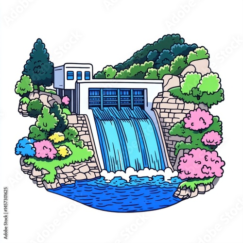 Colorful Hydroelectric Dam Surrounded by Lush Trees and Vibrant Flowers