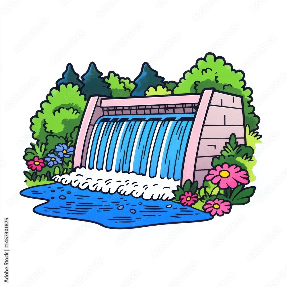 Vibrant Illustration of a Waterfall with Lush Greenery and Colorful Flowers