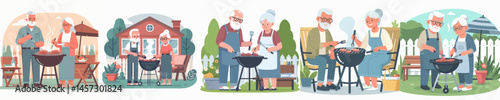 Grandpa and grandma are cooking barbecue in the backyard vector flat design style