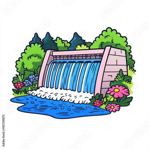Obraz na płótnie Vibrant Illustration of a Waterfall with Lush Greenery and Colorful Flowers w salonie