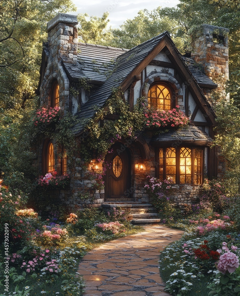 Fototapeta premium Cozy stone cottage nestled in lush forest garden at dusk; ideal for fairytale themed projects