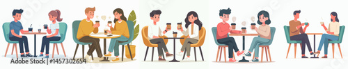 two friends are drinking coffee together on chairs style vector flat design