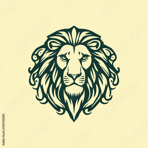 Lion Crest Illustration: A stylized lion's head with a mane resembling ornate foliage, a symbol of strength and royalty. The illustration captures the regal presence of the lion with bold.
