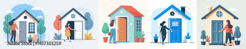 woman opening the door of the house style vector flat design