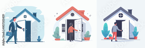 man opening the door of the house style vector flat design