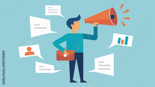 Bullhorn Announcement A figure with a bullhorn shouting out various fake news headlines to a crowd highlighting the loudness and attention fake news often receives compared to
