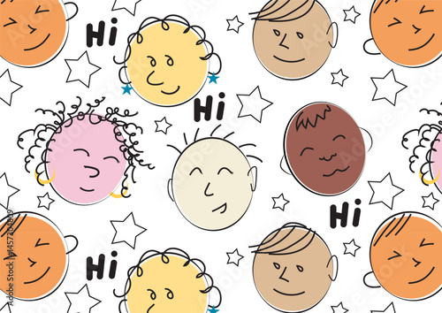 Playful cartoon faces pattern with multiracial diversity and stars on white background