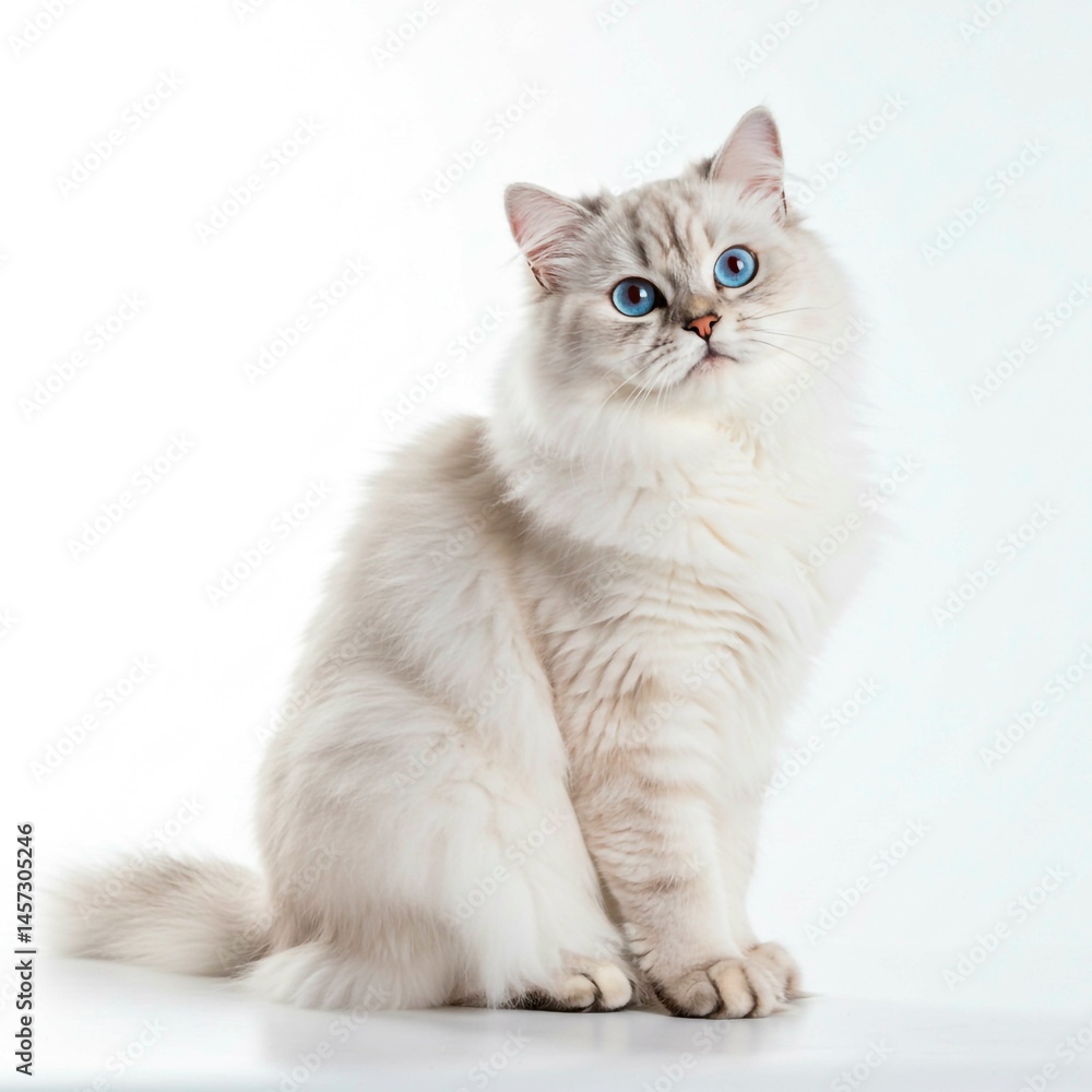 Fototapeta premium A fluffy white cat with striking blue eyes sitting on a white surface looking up with a curious expression