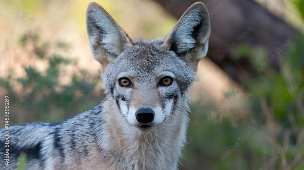 Obraz premium A close-up portrait of a focused coyote, showcasing its intense gaze and distinctive features. The wild canine's piercing eyes and attentive posture draw the viewer in.