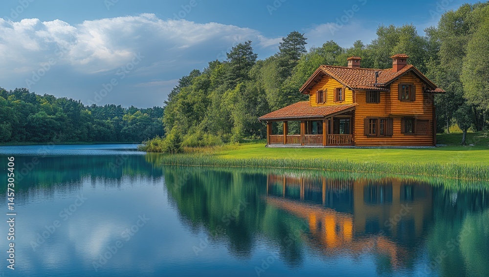 Obraz premium Lakeside house, tranquil summer day, forest background, real estate
