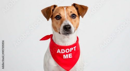 A jack russell terrier wearing a red bandana with adopt me printed on it against a white background