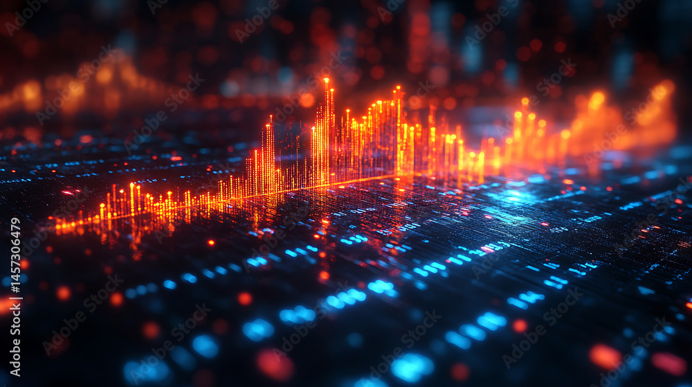 Abstract financial data visualization with glowing graph and complex information digital network structure implemented for futuristic technologies Abstract financial data visualization with glowing graph and complex information digital network structure implemented for futuristic technologies