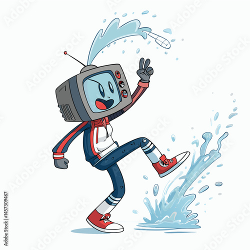 A surreal image of a broken TV screen forming a head, playfully manipulating water jets, performing acrobatic tricks.
