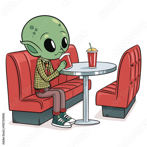 A whimsical illustration of a large-headed alien with bubbly features enjoying a soda in a classic 1950s American diner setting.