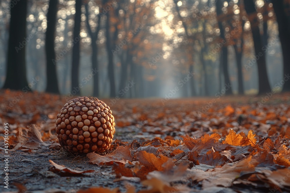 A spherical object sits among fallen leaves in a park setting A spherical object sits among fallen leaves in a park setting