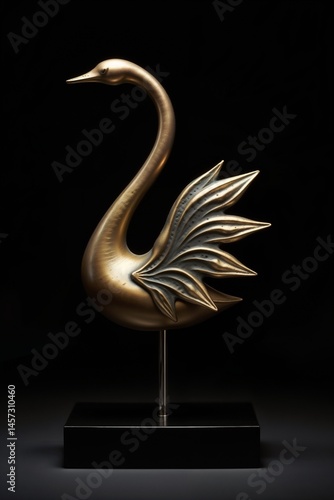 Elegant Golden Swan Trophy on Desk with Open Books and Piano.