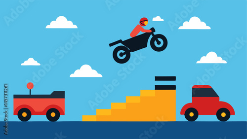 Jumping Obstacles A thrilling scene where the motorcycle is airborne over a small ramp with police cars attempting to catch up on either side.