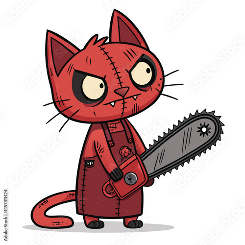 A horrifying illustration of a cat with a chainsaw for a tail and grotesque stitched-up facial wounds.  Dark, surreal, and unsettling.