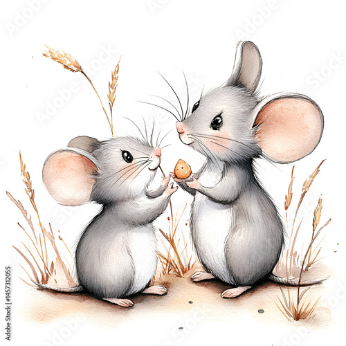 illustration for kids watercolor technique, little gray mause with his mother

