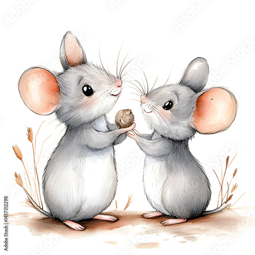 illustration for kids watercolor technique, little gray mause with his mother

