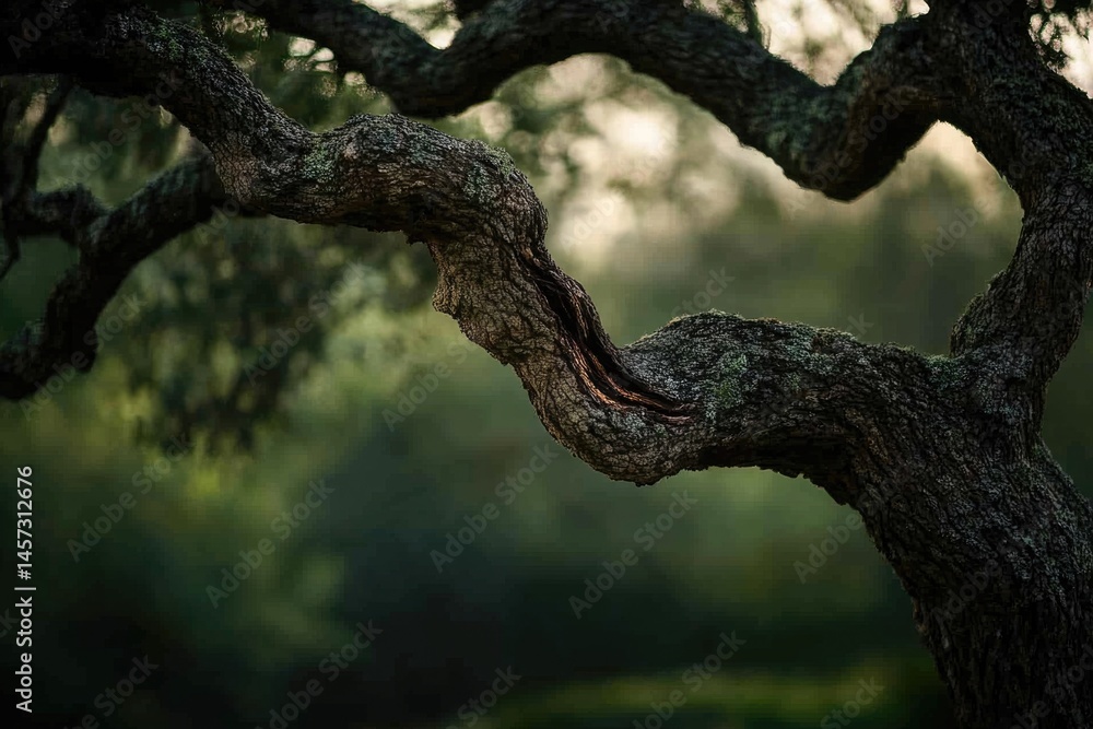 A gnarled tree branch curves dramatically against a soft green backdrop, showcasing nature's artistry and weathered resilience.