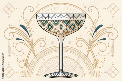 2D Art Deco champagne glass illustration with symmetrical patterns intricate linework timeless sophistication
