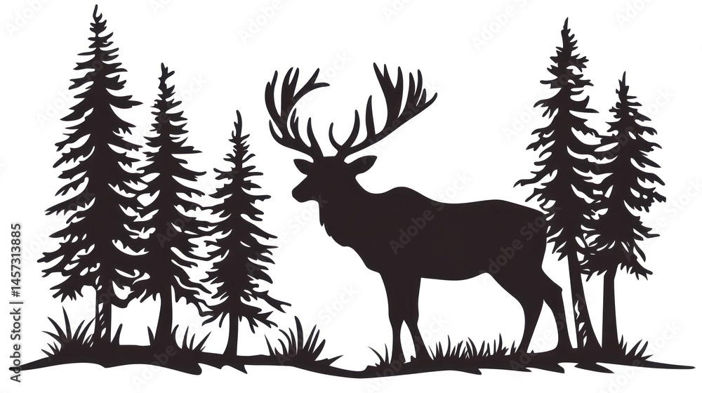 Silhouette of a majestic elk standing amidst pine trees in a serene forest scene Silhouette of a majestic elk standing amidst pine trees in a serene forest scene