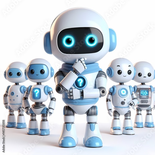 5 advanced robots thinking 3d HD images isolated on a white background are best for creating artificial intelligence technology logos. communication, cyberspace, and cybersecurity.