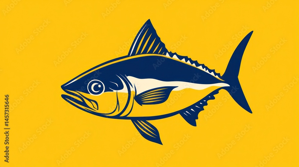 Naklejka premium A vibrant illustration of a stylized tuna fish with dark blue detailing, set against a bright yellow background