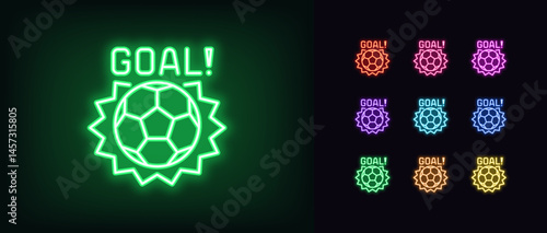 Outline neon goal icon. Glowing neon soccer ball hit with text Goal, football game icon. Soccer tournament, football match, kick ball and score, goal time, sport game, win penalty. Vector icon set