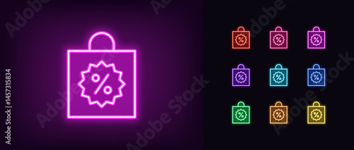 Outline neon shop bag icon. Glowing neon shopping handbag with percent icon, discount tag. Promo sale, shopping bag, discount price to benefit purchase, bonus offer, discount coupon. Vector icon set