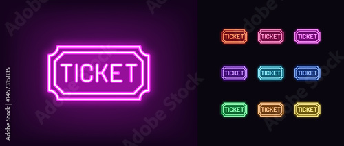 Outline neon ticket icon. Glowing neon cinema ticket with text, digital pass icon. Entrance ticket to sport event or music performance, party admission, early game pass, gift coupon. Vector icon set