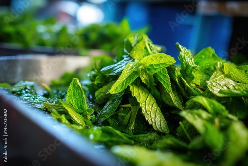 Fresh green mint leaves pil...