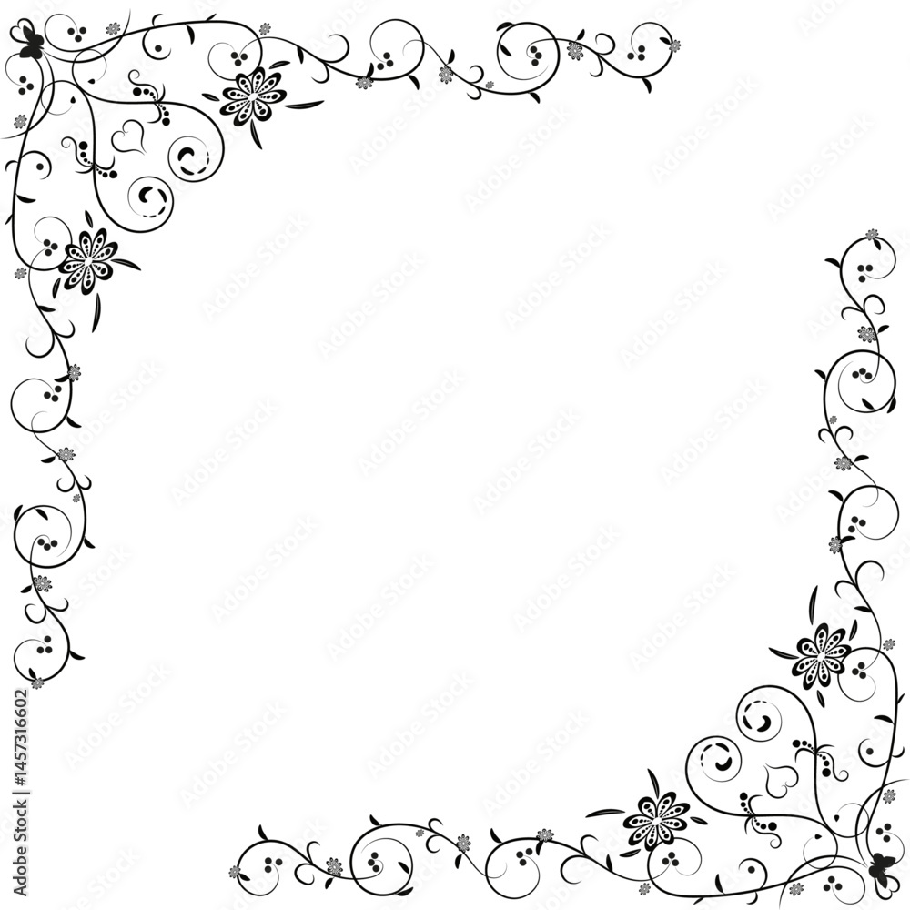 Cantoneira floral estilo vintage na cor preta com fundo branco