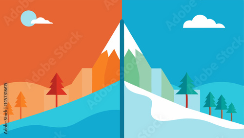 Before and After A splitscreen showing a beautiful snowy landscape on one side and the same landscape as a dry barren area on the other showcasing the drastic changes