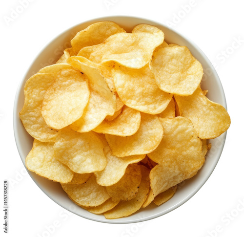 Crispy golden potato chips in a white bowl on transparent background, snack concept