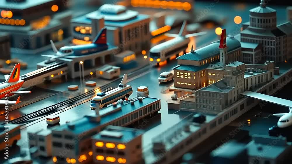 Miniature cityscape featuring detailed model airport with planes, vehicles, and illuminated buildings Miniature cityscape featuring detailed model airport with planes, vehicles, and illuminated buildings