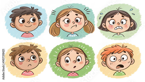 Cartoon doodle heads showing kids reactions like curious confused proud embarrassed scared sneaky expressions